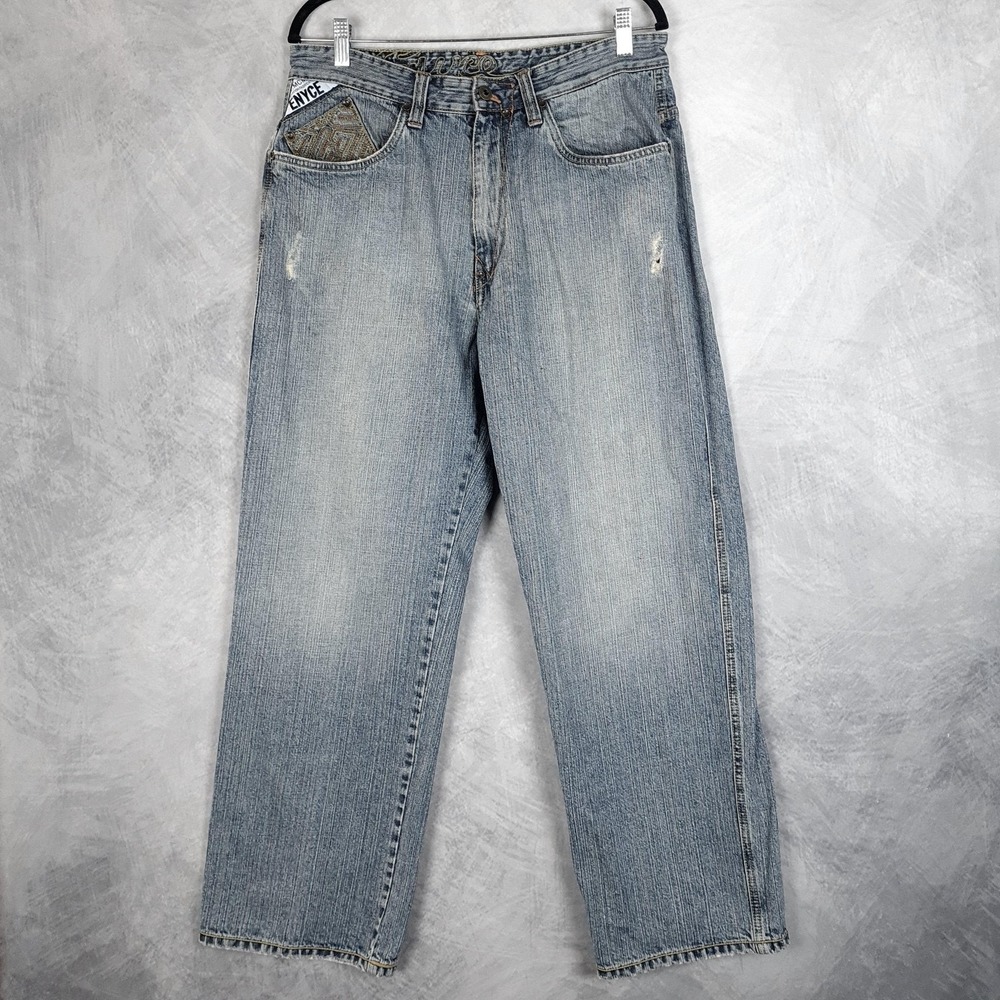 Vntg Y2K Enyce Jeans Mens 34x30 Light Wash Relaxed Wide Leg Embroidered Pockets